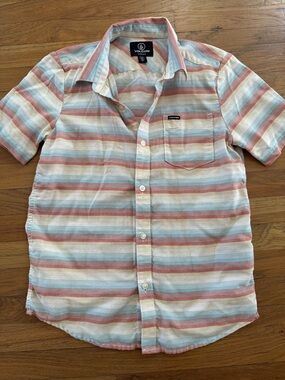 Volcom Men's Short-Sleeve Striped Button-Down Shirt in Coral, Light Blue & Cream